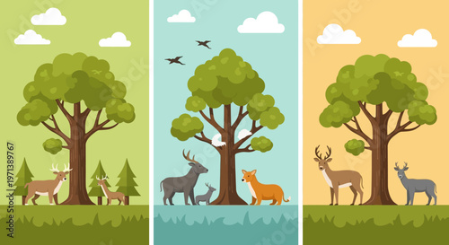 Stylized illustration of a forest ecosystem with various animals and lush greenery, showcasing the beauty of nature and wildlife in three distinct panels