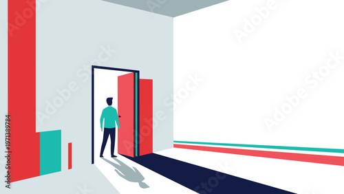 Man walking through an open red door into a white space with colorful lines representing new opportunities and career transitions.