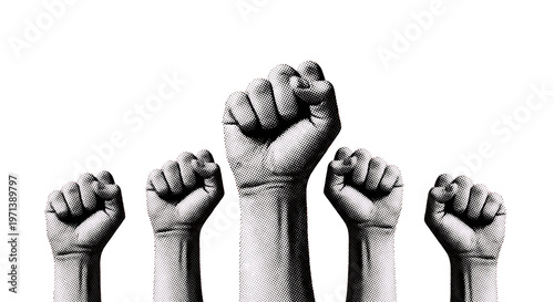 Four raised fists in solidarity and strength PNG isolated on transparent background