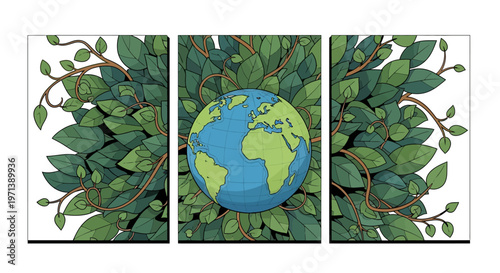 Illustration of the Earth surrounded by green leaves and vines, symbolizing nature and global interconnectedness