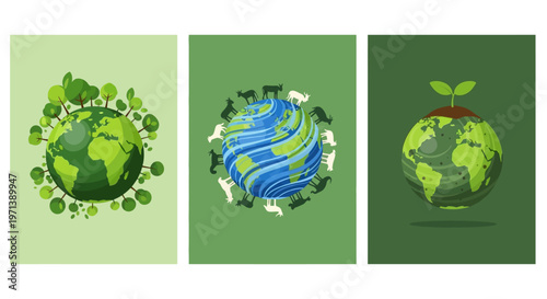 Illustrations showcasing a healthy planet earth with trees, animals, and plants, symbolizing environmental consciousness and sustainability