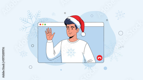 Young man in a Santa hat on a video conference call screen with snowflake patterns for Christmas holiday greetings and celebration.