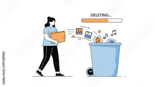 Woman throwing various digital files into a trash bin with a progress bar above indicating the process of deleting data or cleanup.