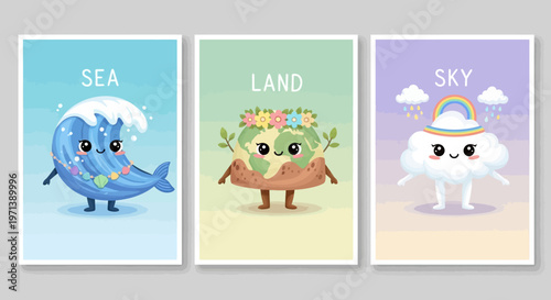 Cute and whimsical illustrations of the sea, land, and sky with anthropomorphic characters, bringing a sense of joy and wonder to any space