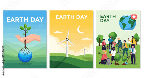 Vibrant illustrations promoting environmental sustainability, featuring community reforestation, renewable energy solutions, and the nurturing of new life for a healthier planet