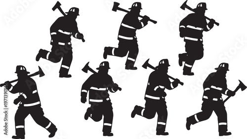 Black Solid Firefighters Carrying Axes Silhouettes Set of Six on White Background