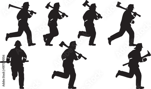 Black Solid Firefighters Carrying Axes Silhouettes Set of Six on White Background