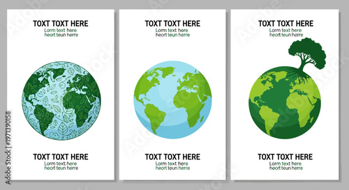 Illustrations of Planet Earth with green continents and ocean, symbolizing environmental protection and sustainability