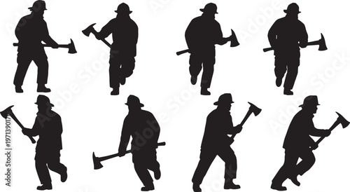 Black Solid Firefighters Carrying Axes Silhouettes Set of Six on White Background