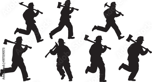 Black Solid Firefighters Carrying Axes Silhouettes Set of Six on White Background