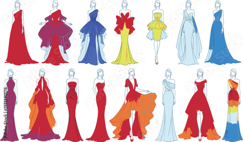 Colorful fashion illustration collection featuring fifteen female models in elegant couture gowns and cocktail dresses, modern runway sketch set isolated