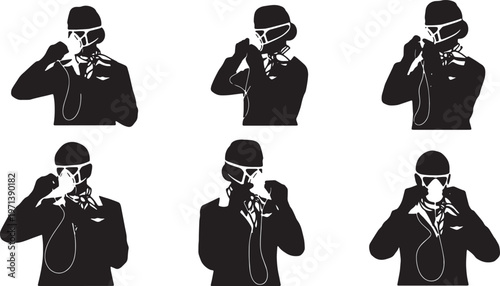 Black Solid Flight Attendants Safety Procedures Silhouettes Set of Six on White Background