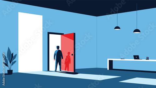 Man walking towards a bright light through an open door in a minimalist room representing hope, success, and new opportunities.