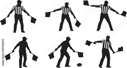 Black Solid Football Umpires Throwing Flags Silhouettes Set of Six on White Background