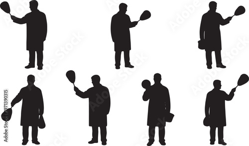 Black Solid Forensic Investigators Dusting Fingerprints Silhouettes Set of Six on White Background