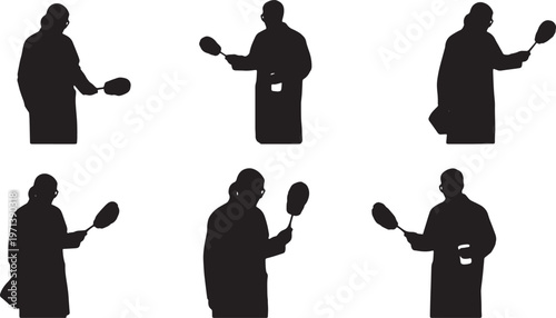 Black Solid Forensic Investigators Dusting Fingerprints Silhouettes Set of Six on White Background