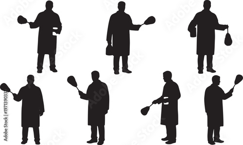 Black Solid Forensic Investigators Dusting Fingerprints Silhouettes Set of Six on White Background
