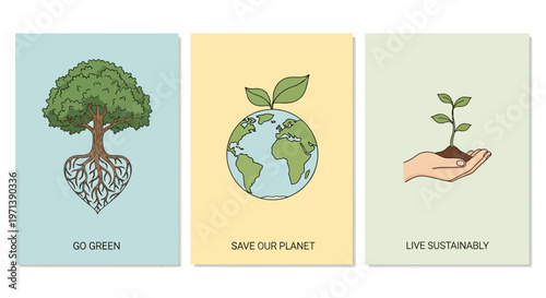 Inspiring vector illustrations advocating for global environmental responsibility, sustainable practices, and the vital importance of protecting our planet's natural resources for future generations