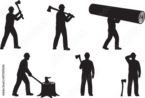 Black Solid Forestry Timber Logger Silhouettes Set of Six on White Background