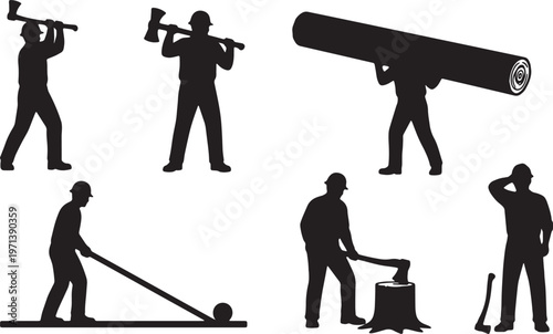 Black Solid Forestry Timber Logger Silhouettes Set of Six on White Background