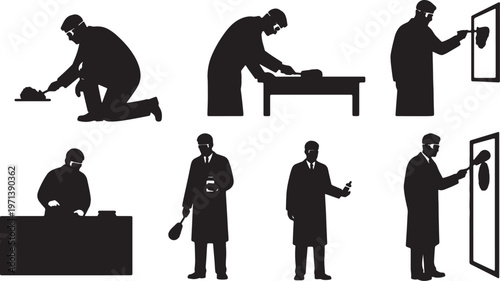 Black Solid Forensic Investigators Dusting Fingerprints Silhouettes Set of Six on White Background