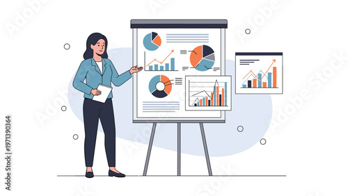 Businesswoman giving a presentation using a whiteboard with various charts and graphs representing data analysis and strategy.