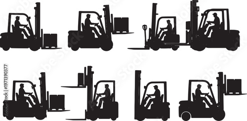 Black Solid Forklift Operators Steering Silhouettes Set of Six on White Background