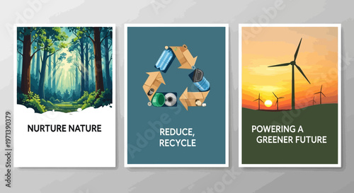 Three distinct posters illustrating environmental themes nurturing nature, recycling, and powering a greener future with wind turbines