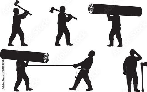 Black Solid Forestry Timber Logger Silhouettes Set of Six on White Background
