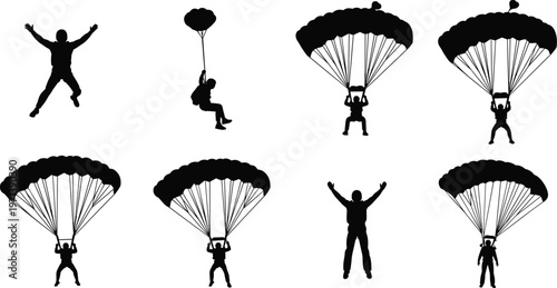 Detailed black silhouette collection of skydivers and paragliders featuring people freefalling and floating with parachutes for extreme sports, adventure, and skydiving hobbyist designs.
