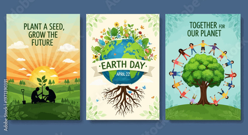 Illustrations celebrating Earth Day, focusing on environmental conservation and the beauty of our planet with a hopeful and positive message for future generations