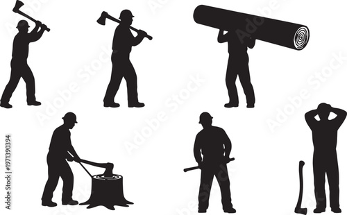 Black Solid Forestry Timber Logger Silhouettes Set of Six on White Background