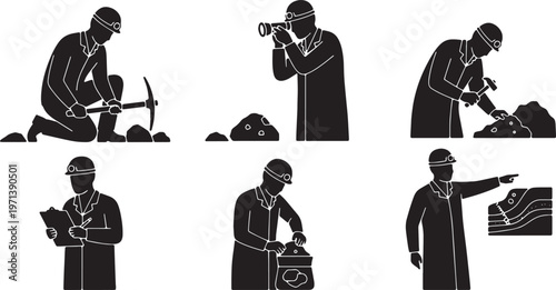 Black Solid Geology Earth Scientist Silhouettes Set of Six on White Background