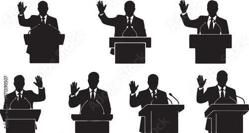 Black Solid Government Politician Leader Silhouettes Set of Six on White Background