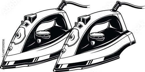 Set of electric steam irons for clothes featuring modern household appliances for fabric care ironing process isolated black and white vector illustration design