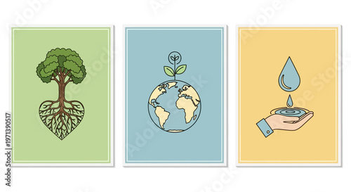 Illustrations of environmental concepts a tree with roots forming a heart, planet Earth sprouting a plant, and a hand holding a water droplet symbolizing conservation