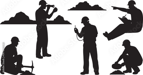 Black Solid Geology Earth Scientist Silhouettes Set of Six on White Background