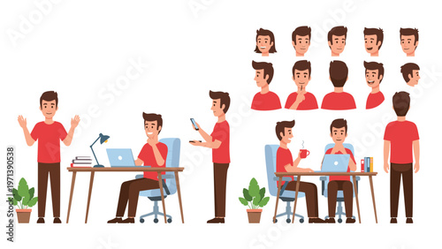 Male character creation kit in casual red t-shirt showing various activities like working on a laptop, standing, and different moods.