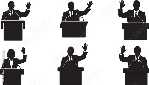 Black Solid Government Politician Leader Silhouettes Set of Six on White Background