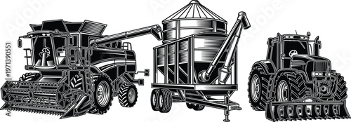 Detailed black and white illustration of modern agricultural machinery including combine harvester grain silo trailer and tractor for farming industry concepts vector design