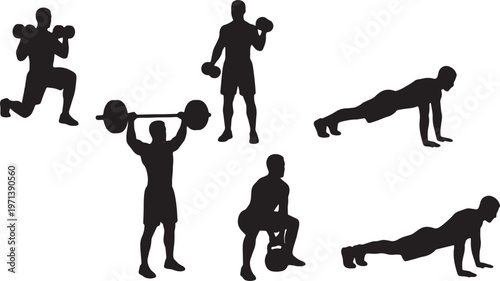 Black Solid Gym Personal Trainer Silhouettes Set of Six on White Background