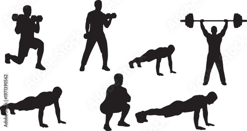 Black Solid Gym Personal Trainer Silhouettes Set of Six on White Background