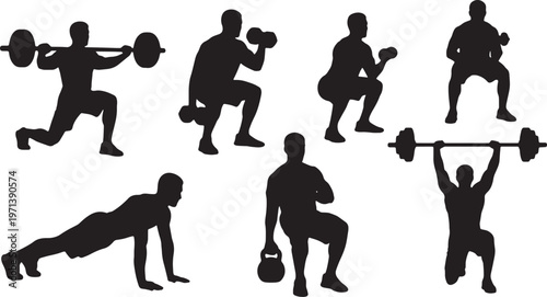 Black Solid Gym Personal Trainer Silhouettes Set of Six on White Background