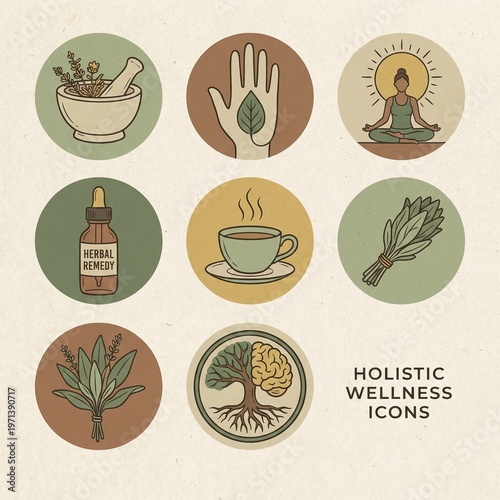 Alternative medicine and wellness icons with herbal treatment, leaf symbol, and holistic health elements