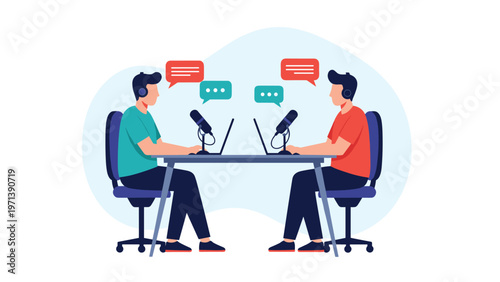 Two men sitting at a table with microphones and laptops recording a podcast or having an interview for online content creation.