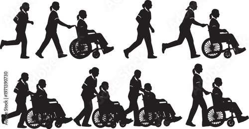 Black Solid Hospital Nurses Pushing Wheelchairs Silhouettes Set of Six on White Background