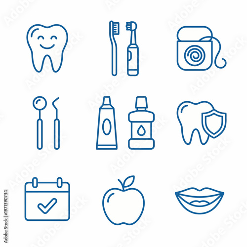 Dental care icon set with tooth, toothbrush, dental tools, and oral health symbols, minimal line vector 