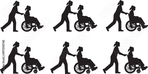 Black Solid Hospital Nurses Pushing Wheelchairs Silhouettes Set of Six on White Background