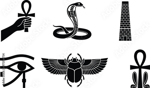 Collection of ancient Egyptian black and white silhouette icons featuring the ankh symbol of life, Eye of Horus, winged scarab beetle, cobra snake, and tower.