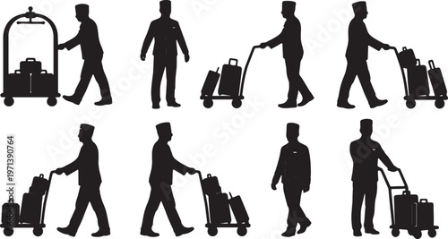 Black Solid Hotel Bellhops Pushing Carts Silhouettes Set of Six on White Background